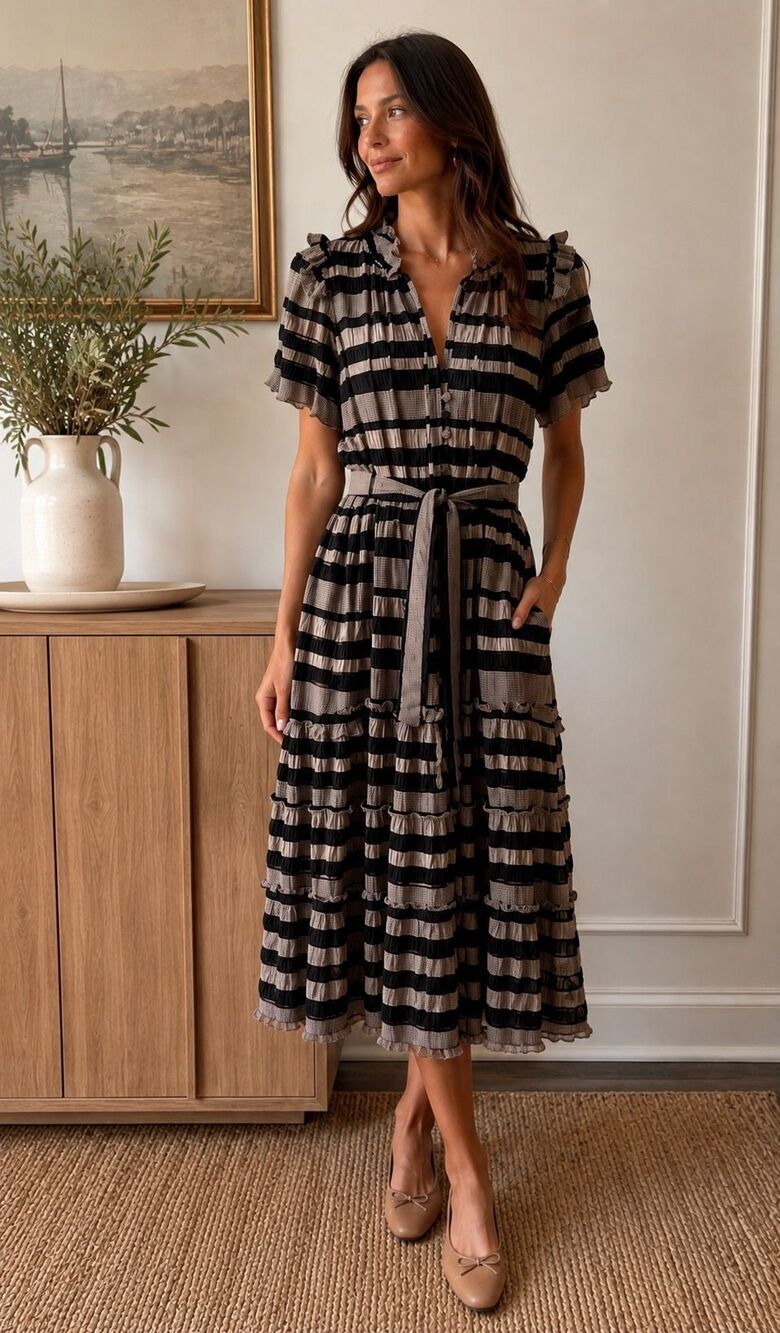 Hunter Bell Matthews Stripe Ruffle Midi Dress | Belted Blend Tiered Dress, XS $4